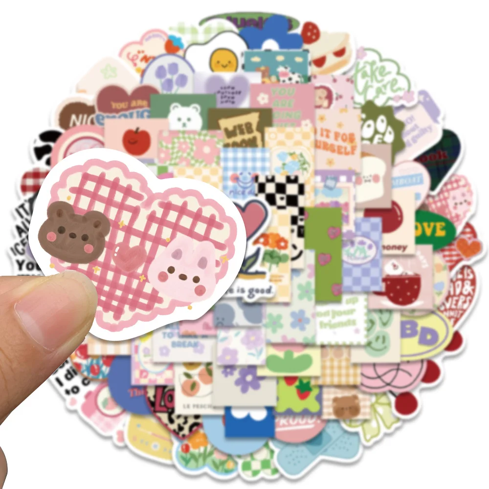 180PCS Cute Flower Bear Plaid Kawaii Sticker Aesthetic Decal Guitar Laptop Phone Car Book Scrapbook Girl Kids Toy Stickers