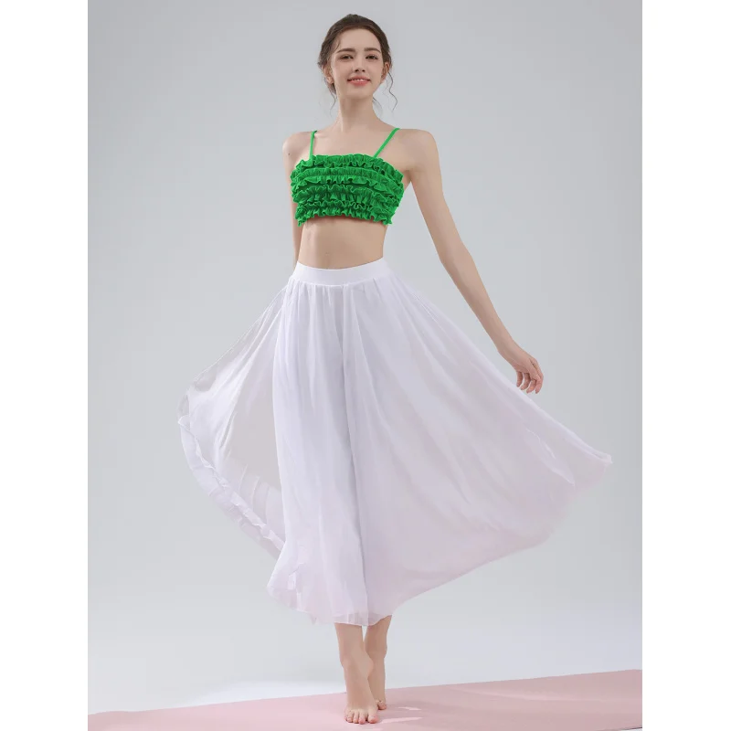 زي رقص اليوغا الكلاسيكي Dunhuang Flying Apsaras للنساء مع حمالة صدر رياضية من الدانتيل وسراويل ممارسة شيفون واسعة