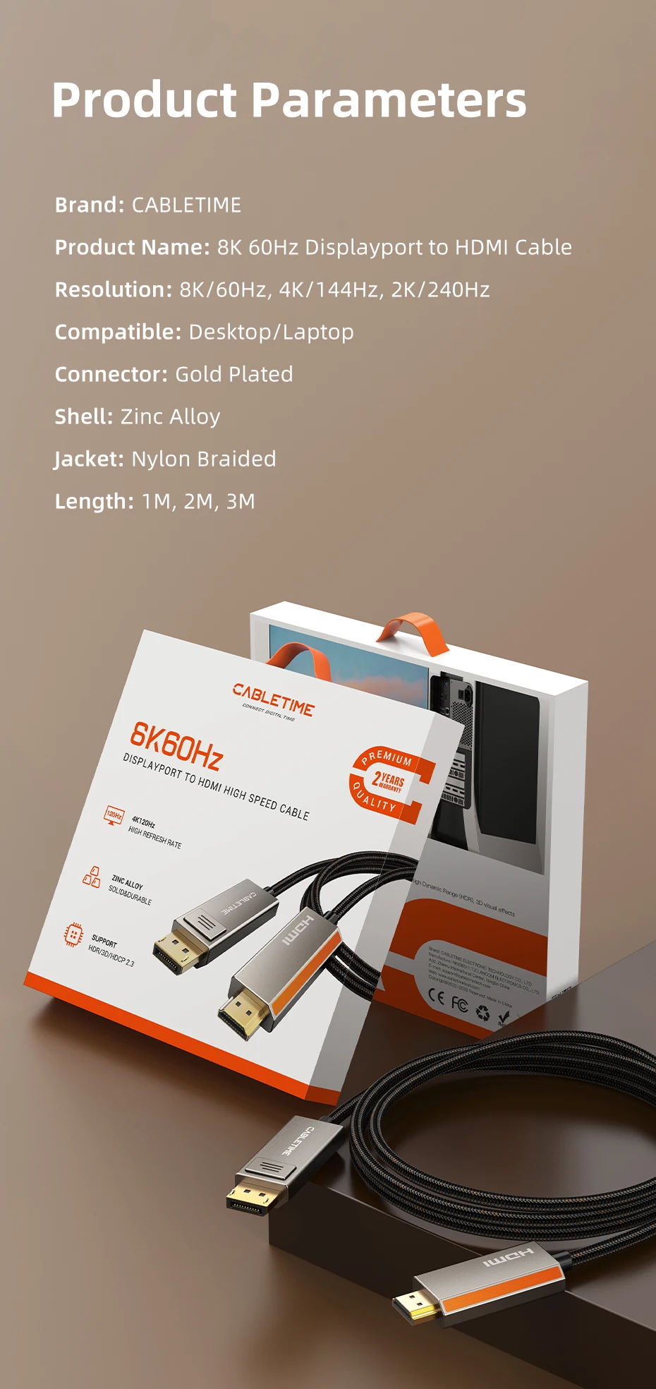CABLETIME Displayport-zu-HDMI-Kabel 8K 60 Hz 4K Zinklegierung HDR 10 für Desktop-TV-Monitor LG Dell Snap DP1.4 HDMI 2.1-Kabel – Detail 14
