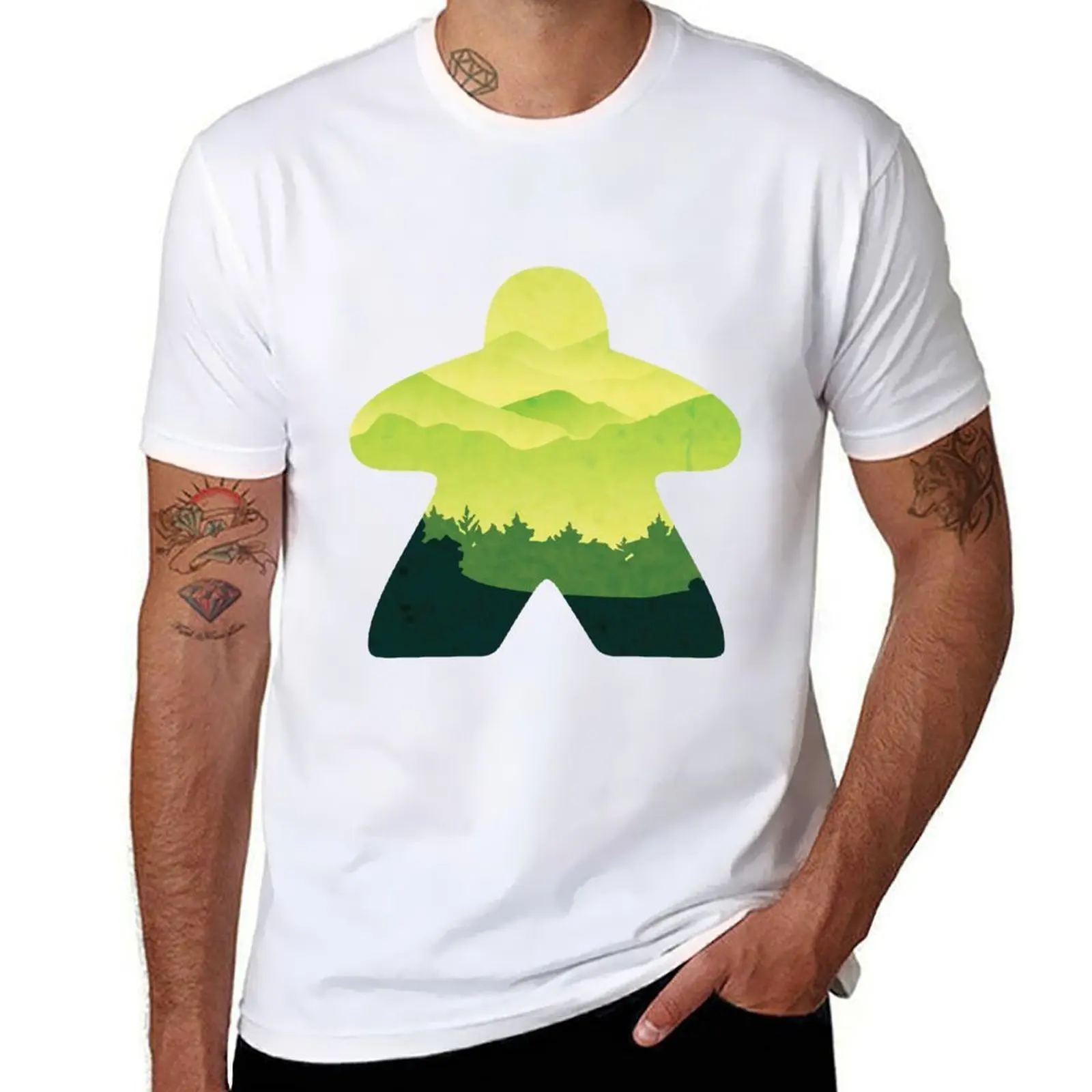 Green Hillside Scape Meeple Board Game Adventure Scene T-Shirt t shirts for man cotton cotton t shirt man T-Shirt