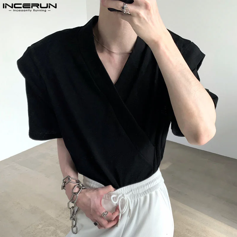 INCERUN Men's T Shirt Solid Color V Neck Short Sleeve Casual Men Clothing Summer Streetwear 2024 Korean Style Fashion Tee Tops