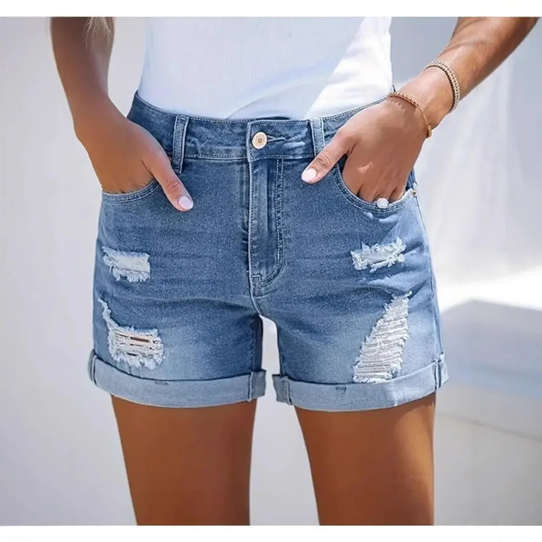 

Women's High Waist Denim Shorts - Comfortable Stretch Fit Casual Jean Shorts with Flattering Straight Leg