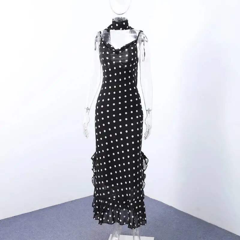 Retro Polk Dot Long Dress With Ribbon Women Sexy Low Cut Sleeveless Pleated Slim Evening Dresses Female Spring Chic Street Party