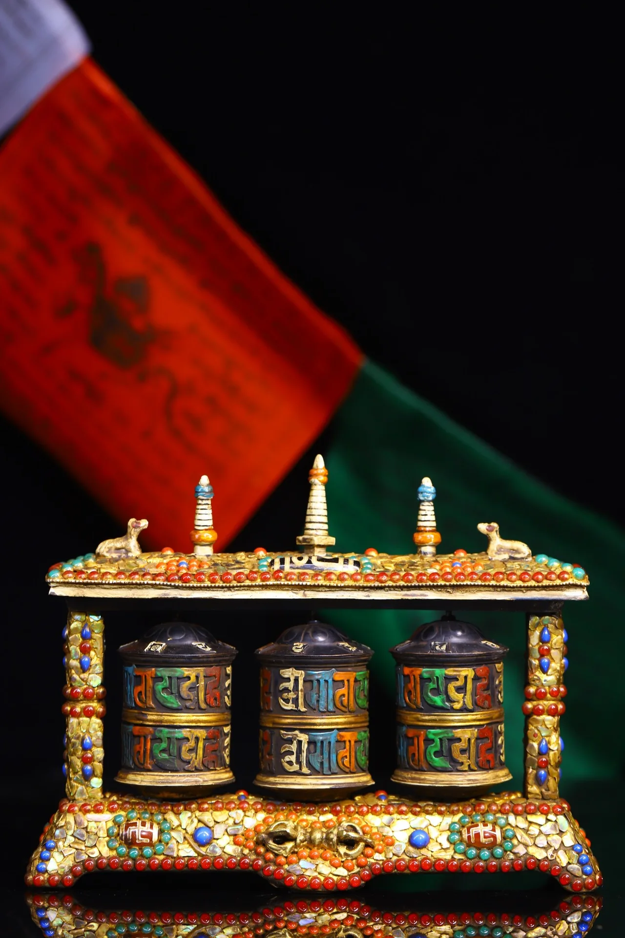 

8"Tibetan Temple Collection Old Bronze Painted Mosaic Gem gZi Beads Six word truth Prayer Wheel Old Scripture Amulet Exorcism