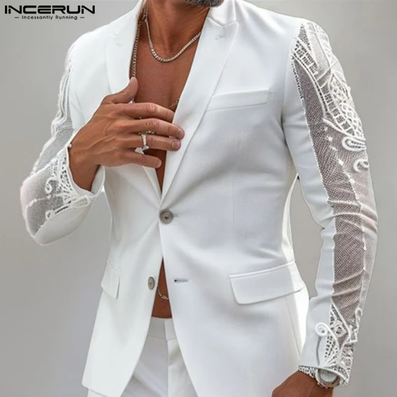 2024 INCERUN Men Casual Long Sleeve Blazer Lacing Splicing Simple Daily Suits See Through Handsome Buttons Well Fitting Jackets