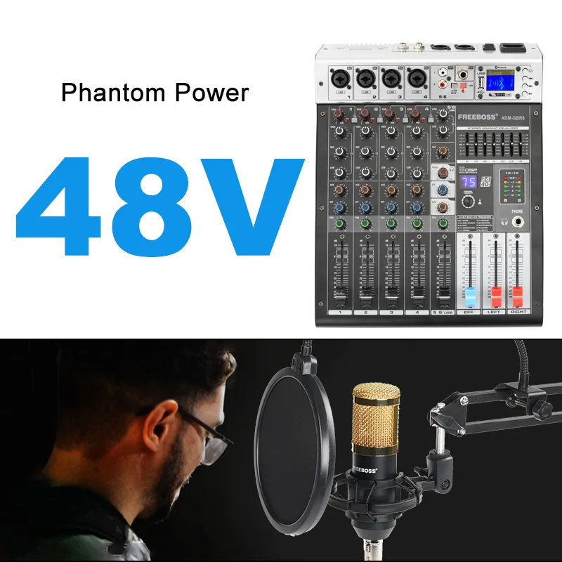 FREEBOSS + 48V Phantom daya ulangi efek USB Play Record Bluetooth Karaoke konsol DJ 99 DSP Audio Mixer 6 channel ADM-GBR6