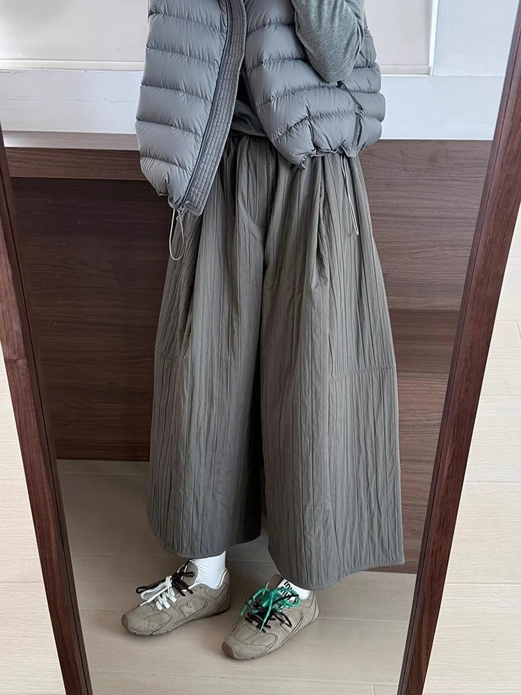 Korean Oversized Wide Leg Pants Women Y2K Winter Thick Warm Loose Casual Pants Elastic Waist Quilted All Match Straight Trousers