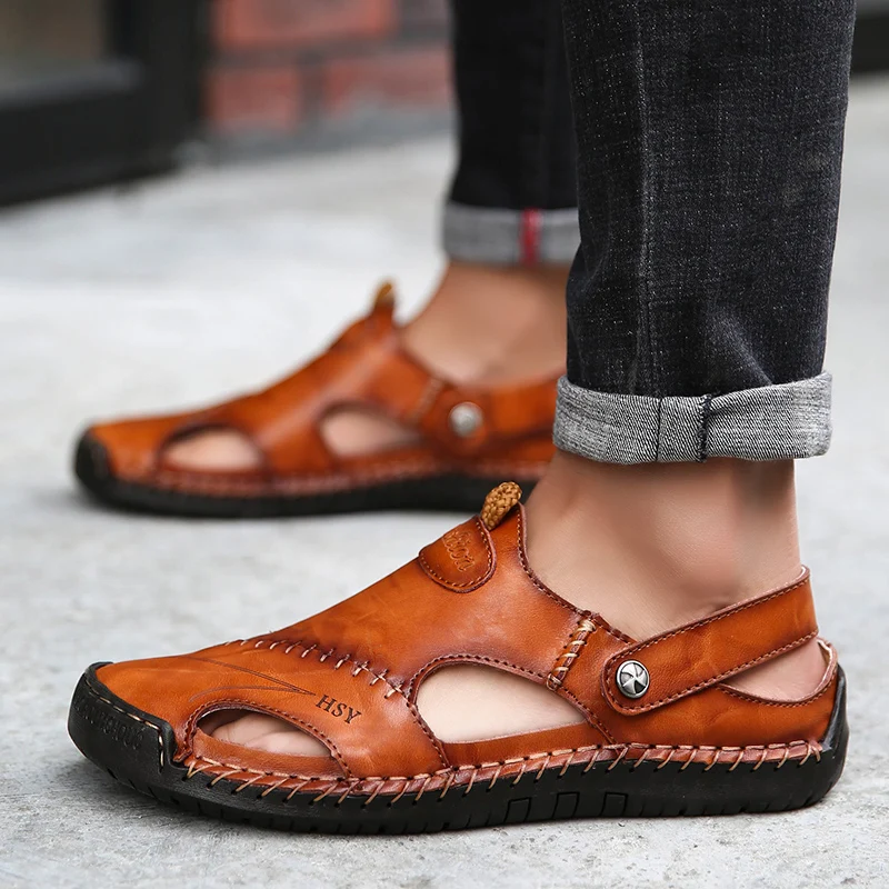 

Summer High-quality Leather Sandals Handmade Mens Breathable Leather Shoes Man Outdoor Fashionable Beach Slippers Walking Shoes