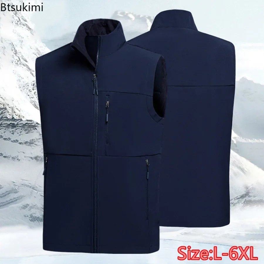 

2024 Men's Soft Shell Vests Quality Outdoor Fleece Warm Waterproof Stand Collar Vest Jacket Men Camping Fishing Cargo Waistcoat