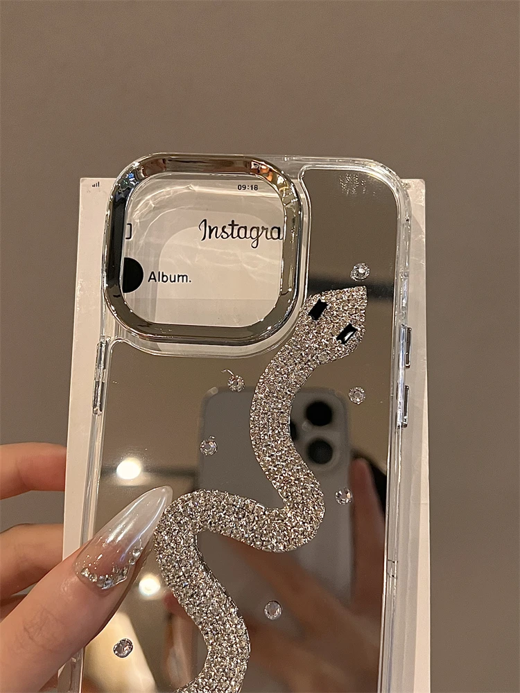 Luxury Glitter Diamond Mirror Phone Case For iPhone 16 14 13 12 11 15 Plus + Rhinestone Snake High Quality For iPhone16Pro Cover