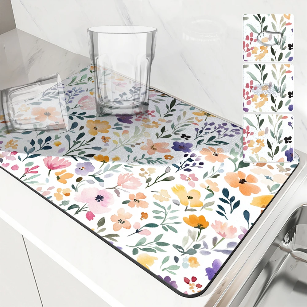 Absorbent Mat Plants Flowers Daisies Wildflowers Kitchen Antiskid Drying Mat Quick Dry Bathroom Drain Pad Tableware Mat