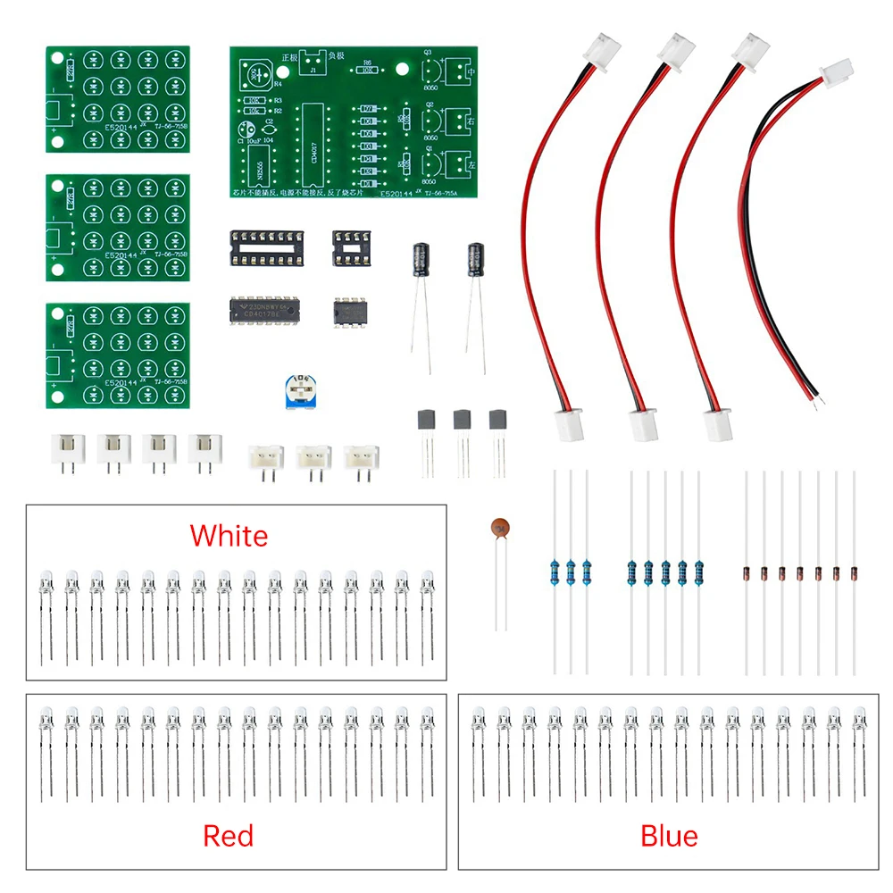 Kit de bricolaje CD4017 + NE555 luz de Flash LED que parpadea a explosiones Suite rojo blanco azul luces de flujo LED auto DIY Kit electrónico de aprendizaje
