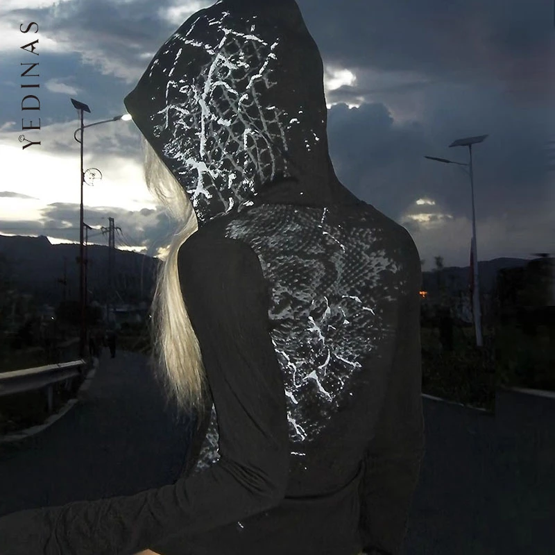 

Yedinas, готические футболки с капюшоном и графикой, женская одежда, одежда с длинными рукавами 2000-х годов, футболки Y2k, женская одежда, осенние топы в готическом стиле, футболка