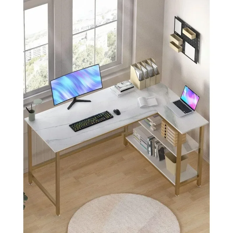 Shaped Computer Desk - Home Office Desk with Shelf, Gaming Desk Corner Table for Work, Writing and Study, Space-Saving