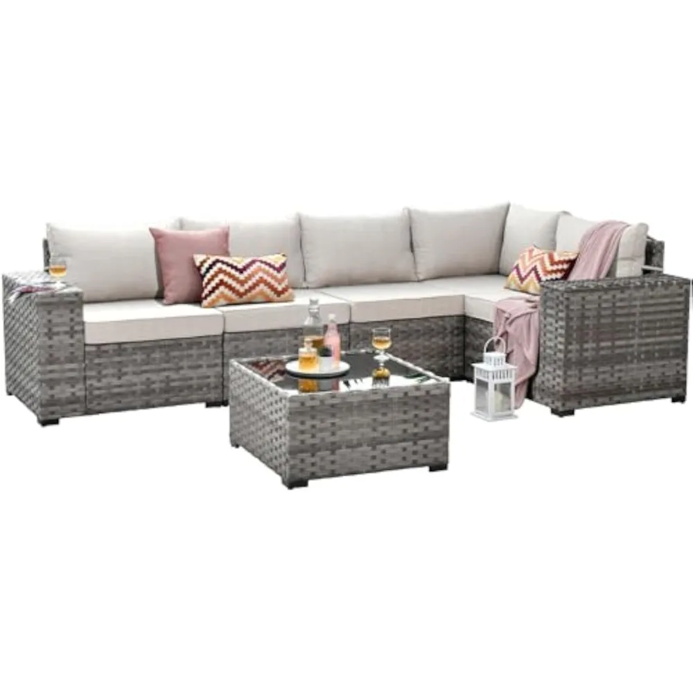 Patio Furniture Set 6 Pieces Outdoor Sectional Sofa Set with Widened Armrest and Deep Seat