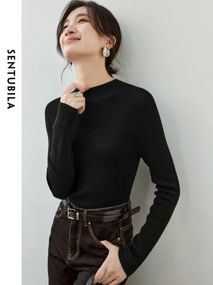 SENTUBILA Women 100% Wool Knitted Pullovers   2024 Autumn Slim Fit Half High Collar Solid Basic Comt  Tops W43H56229