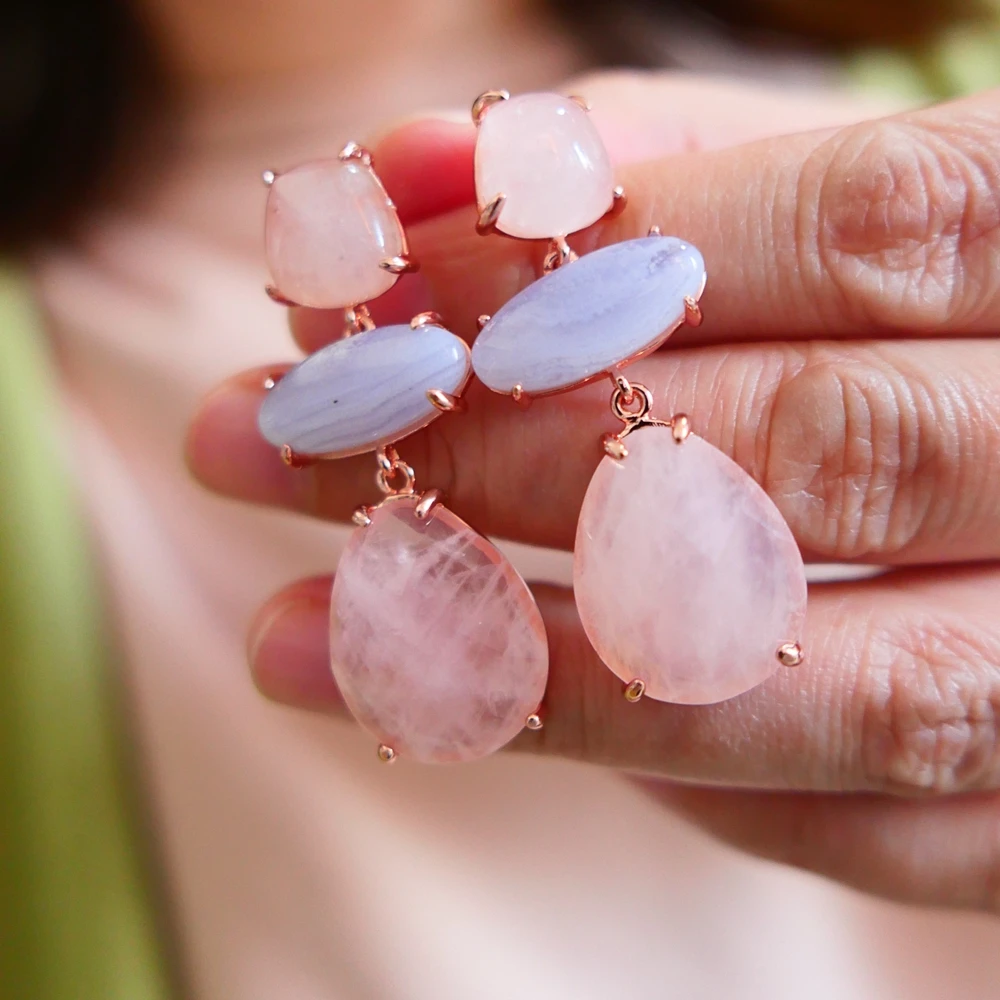 KQDANCE Natural Gem Stone Pink Rose Quartz Blue Agate Tear Drop Earrings Silver Pin Rose Gold Plated Jewelry Woman