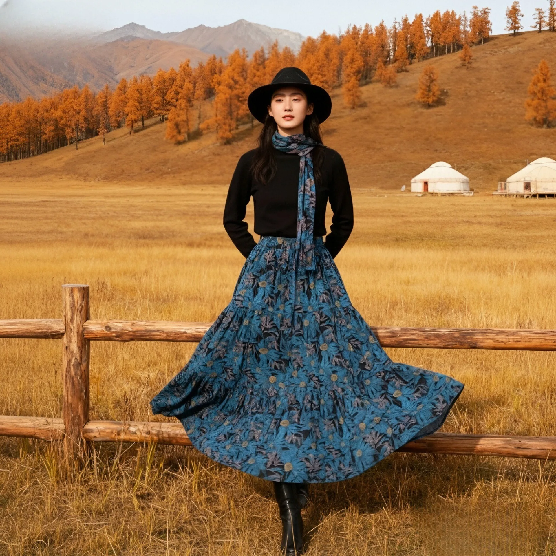 

TIYIHAILEY Long Maxi Cotton Women Skirts A-line Elastic Waist Ladies Printed Autumn Winter 2025 New With Scarf