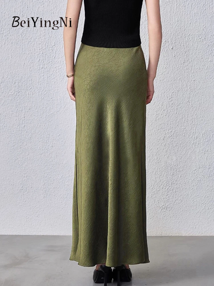Beiyingni Summer Elegant Women's Satin Long Maxi Skirt 2025 New Fashion Office Ladies Patterns High Street Skirts Casual Slim