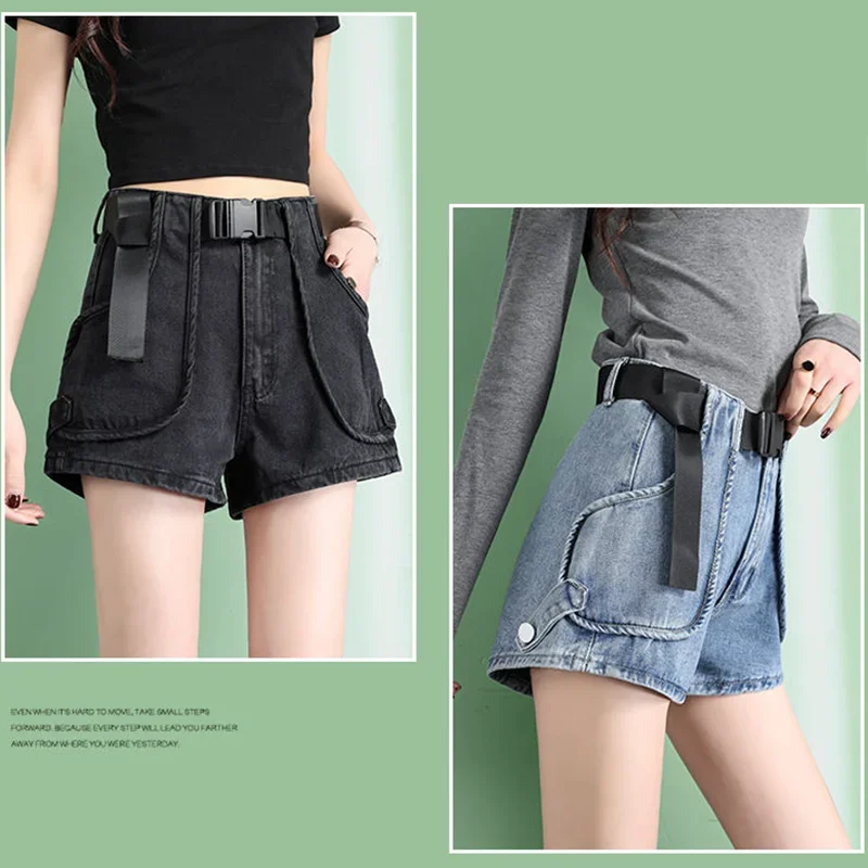 Streetwear Cargo Belt Denim Shorts Oversize 5XL Casual Pantalones Cortos Women 2025 Summer Black Blue High Waist Short Jeans New
