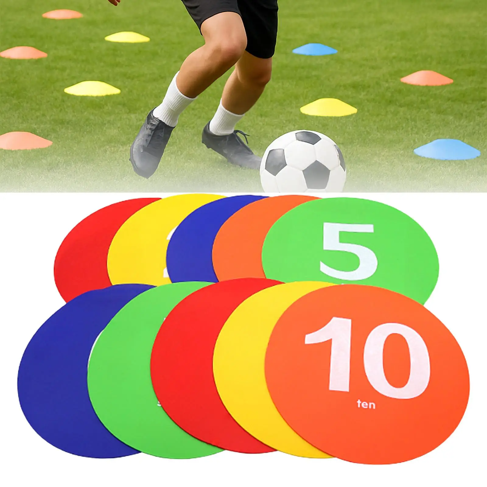 10個の番号付きフロアスポットマーカーフラットコーン9.06インチ柔軟なラウンドフロアドットスポーツ活動サッカートレーニング用