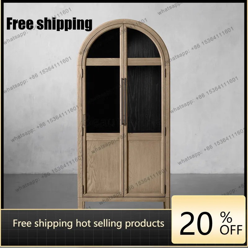 hot  American solid wood wine cabinet ash wood retro old arched glass door side cabinet can be customizedFactory Direct