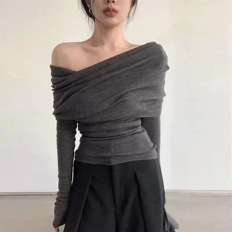 Women's Sexy Tees Off Shoulder Knitwear Top Solid Color Gentle Long Sleeves Large Lapel T-shirts