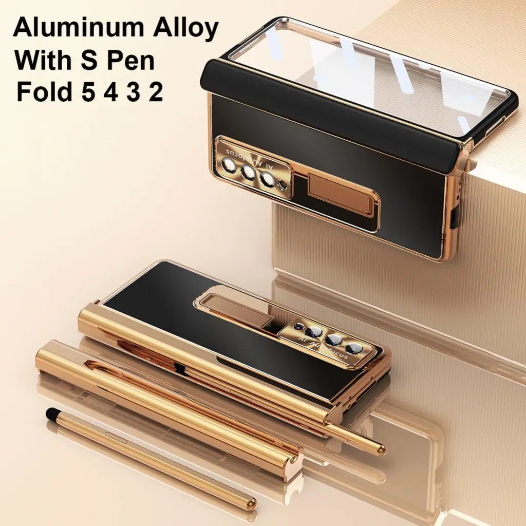 

Stainless Steel Stand Metal Case For Samsung Galaxy Z Fold 5 4 3 5G With Pen Aluminium Bumper 360 Full Protection Hinge Cover