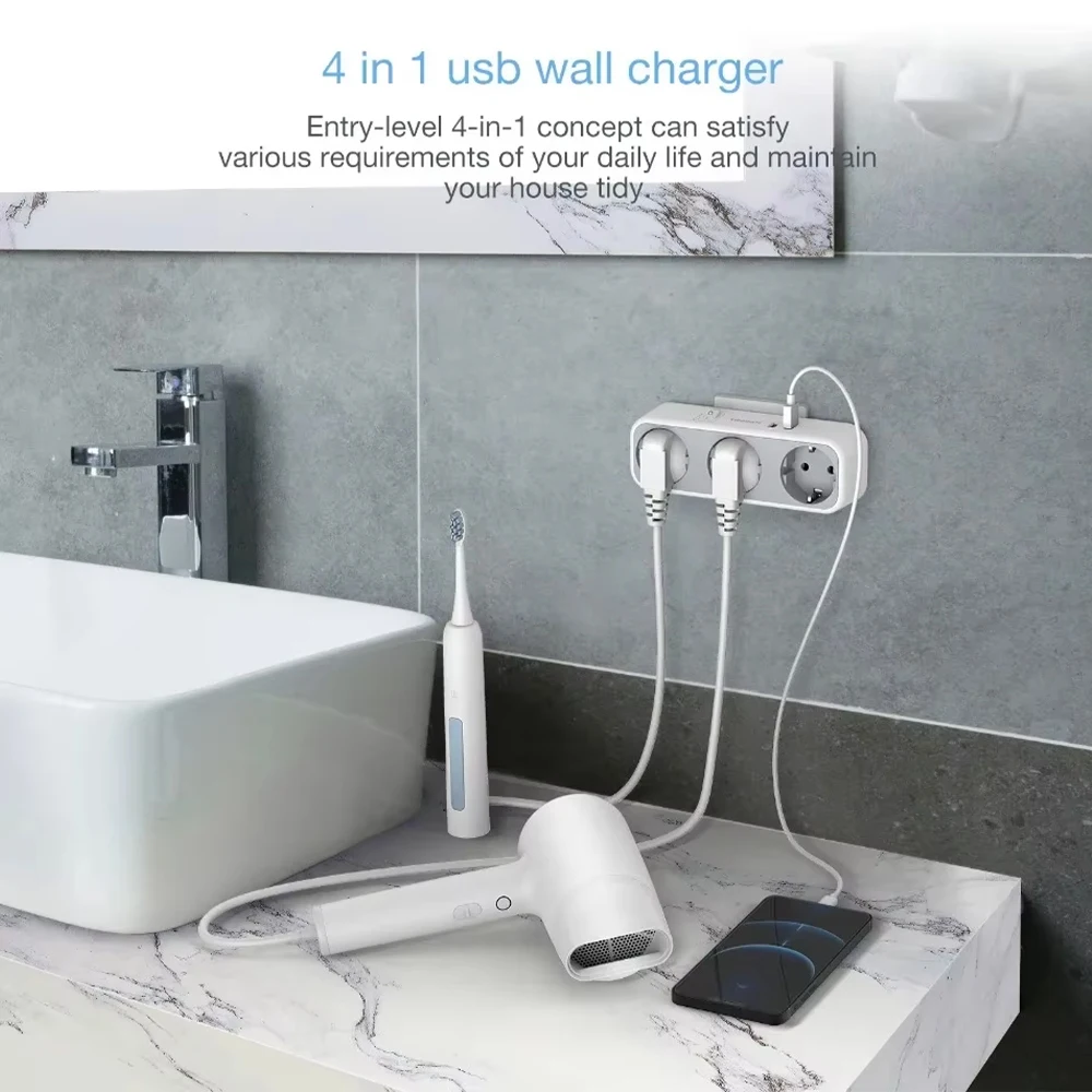 TESSAN Ladron 5-in-1 Socket with Switch, Multiple Socket with 3 Sockets and 2 USB Ports, Modern Sockets, Compatible with Phone