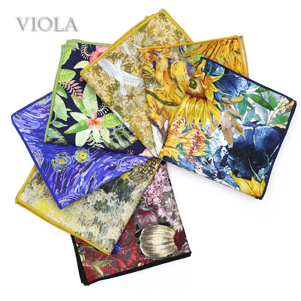 New Vintage Garden Oil Painting 23cm Handkerchief 100%Cotton Sunflower Women Men Wedding Party Suit Pocket Square Gift Accessory