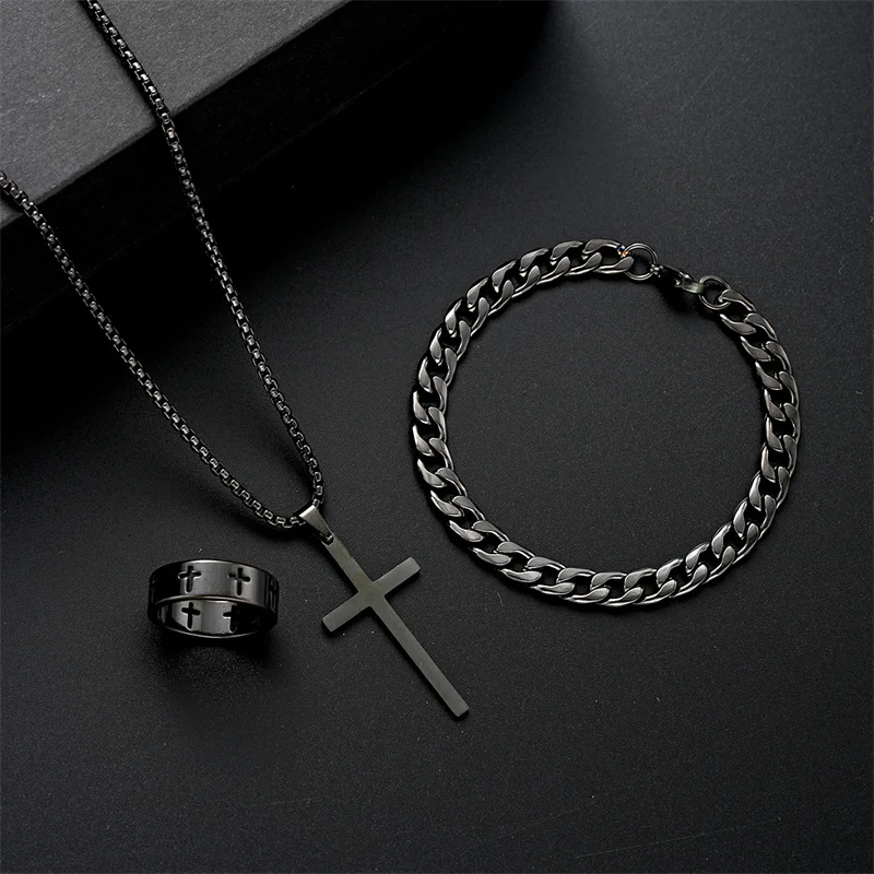 

Black Titanium Steel Cross Pendant Necklace for Men Women Minimalist Male Female Chokers Box Chain Necklace Party Jewelry Set