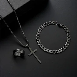 Collar con colgante de cruz de acero y titanio negro para hombres y mujeres, gargantillas minimalistas para hombre y mujer, collar de cadena, conjunto de joyería para fiesta