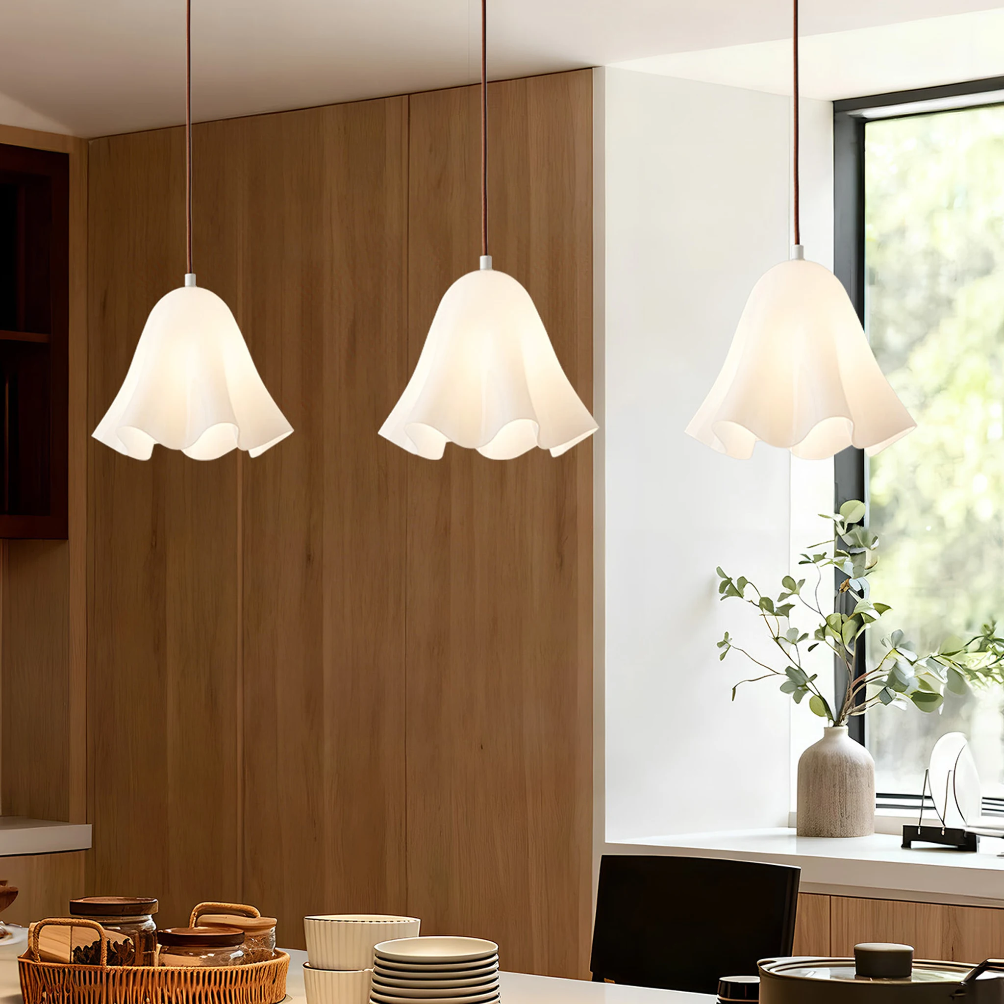 Retro Petal Glass Ceiling Pendant Light Adjustable Cord Hanging Lamps Kitchen Island Bedroom Dining Room Flower Lamp Home Decor