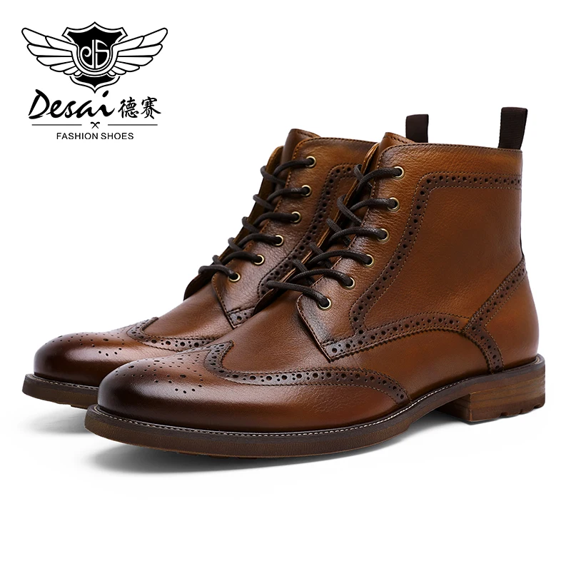 

DESAI pring New Men Boots Big Size 38-47 Vintage Brogue College Style Men Shoes Casual Fashion Lace-up Warm Boots For Man