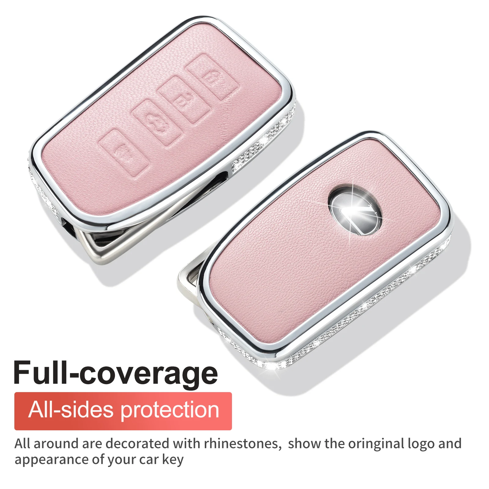 for Lexus Key Fob Cover with Keychain, Pink Genuine Leather Crystal Key Case Protection Shell Compatible with Lexus RX ES GS LS