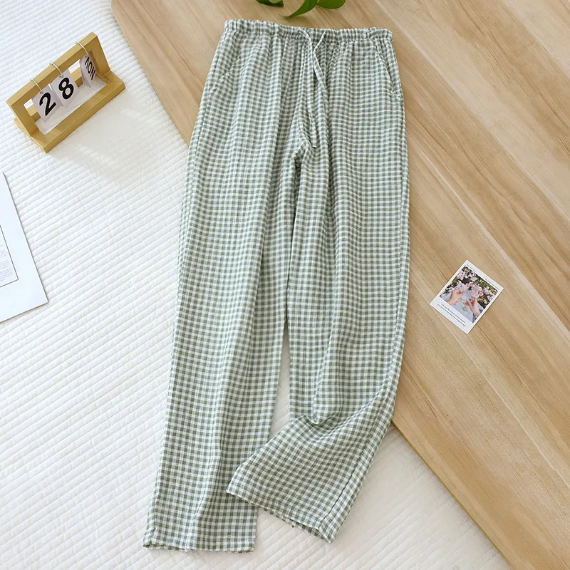 New Spring Summer Japanese Women's Pajamas 100%Cotton Crepe Small Plaid Loose Girls' Pants Household Pants Thin Size Large Pants