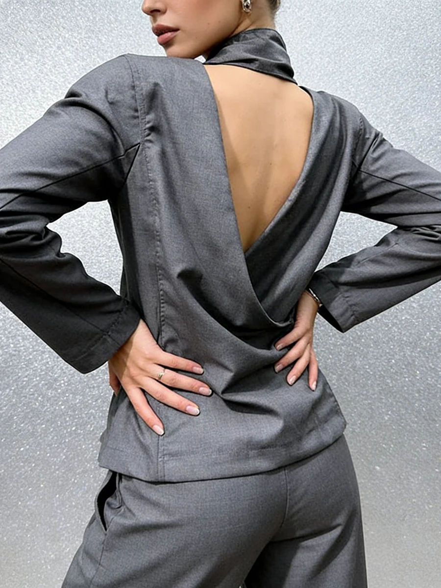 TWOTWINSTYLE Effen Gesplitst Lint Minimalistische Blouses voor Vrouwen Stand Hals Lange Mouwen Backless Tuniek Blouse Vrouwelijke Kleding Nieuwe