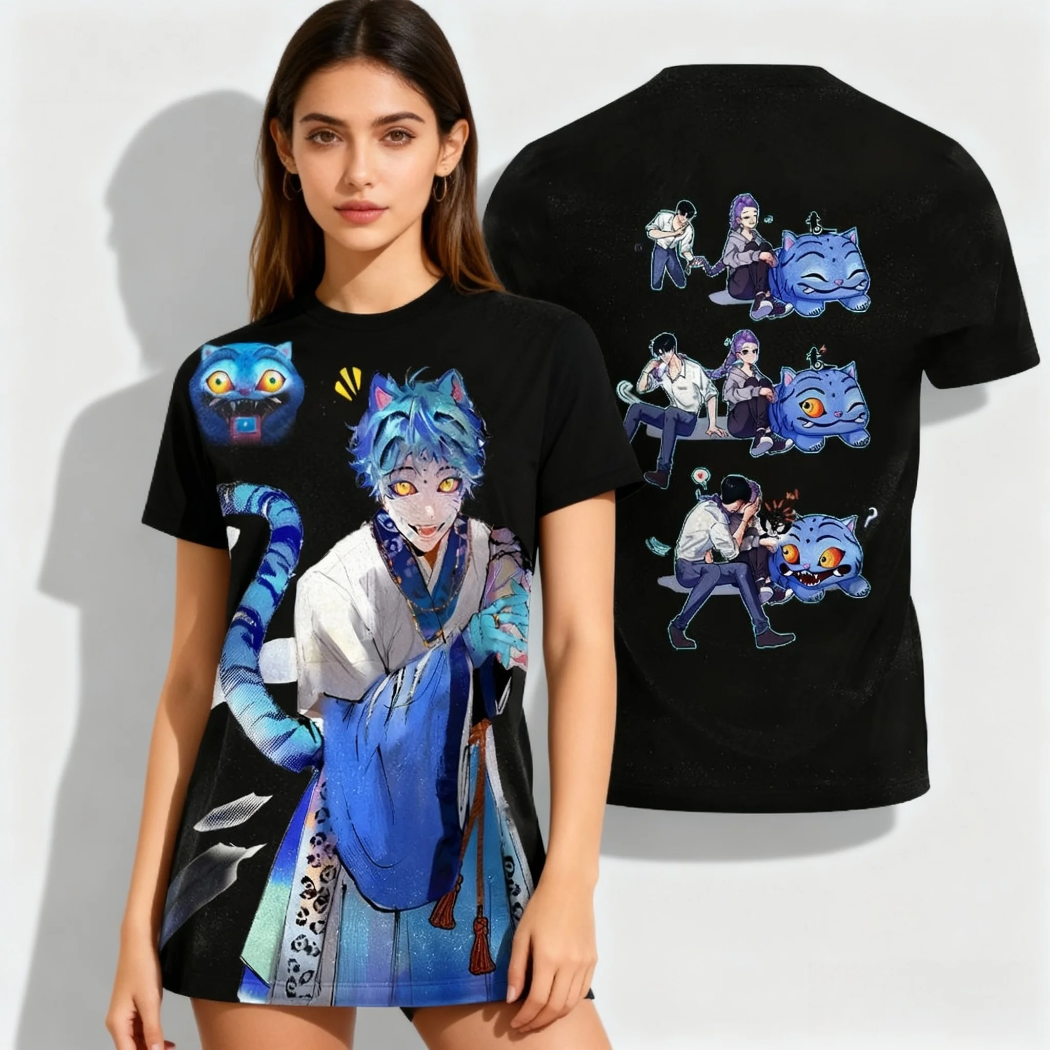 

25/26 Kpop Witch Hunting Team Tiger Sweet Cool Летняя футболка большого размера Модный американский уличный женский топ для мужчин и взрослых