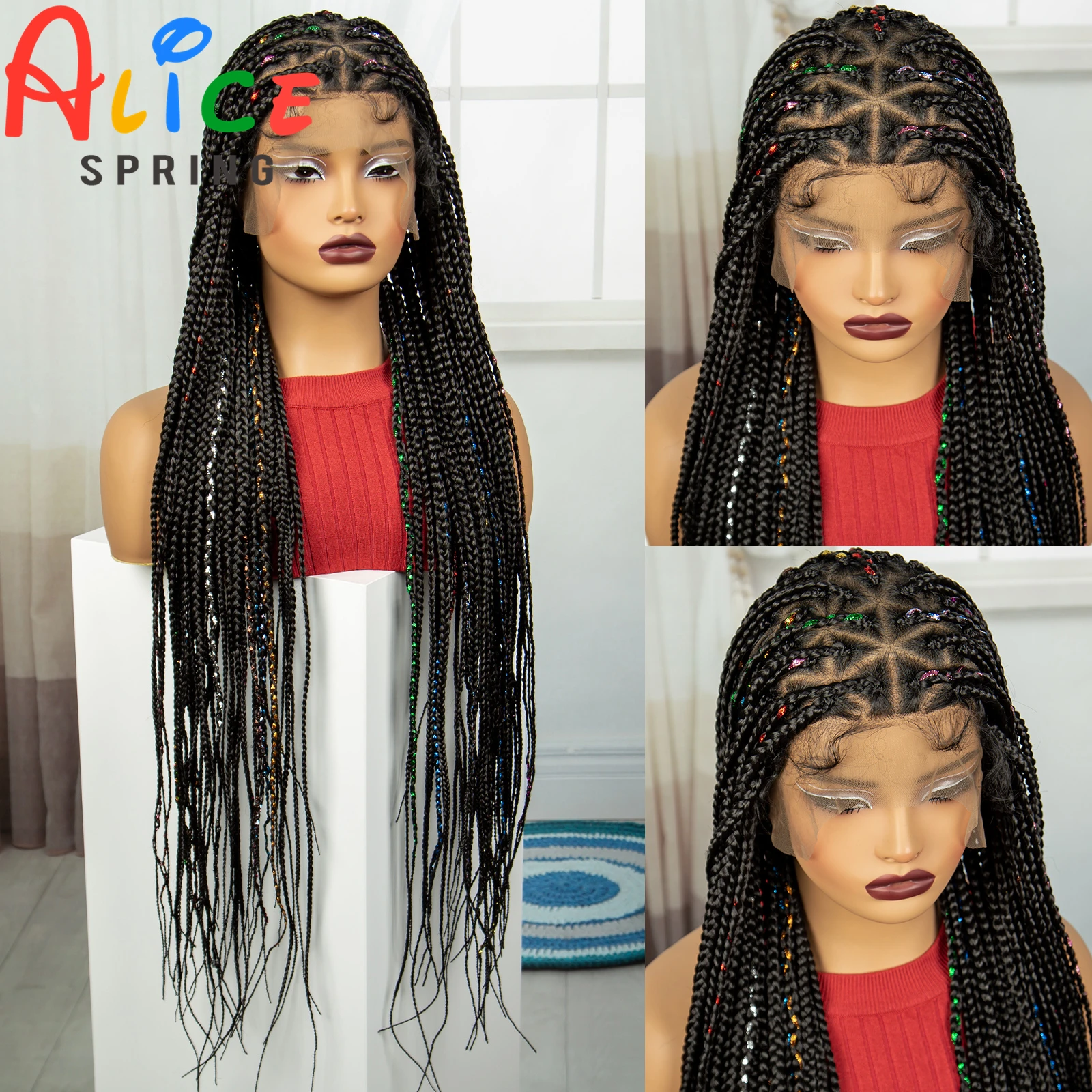 38 Inch Synthetic Braideds Wigs Knotless Box Full Lace Braideds Wigs with Colored Ribbons Straight Braided Wigs with Baby Hair