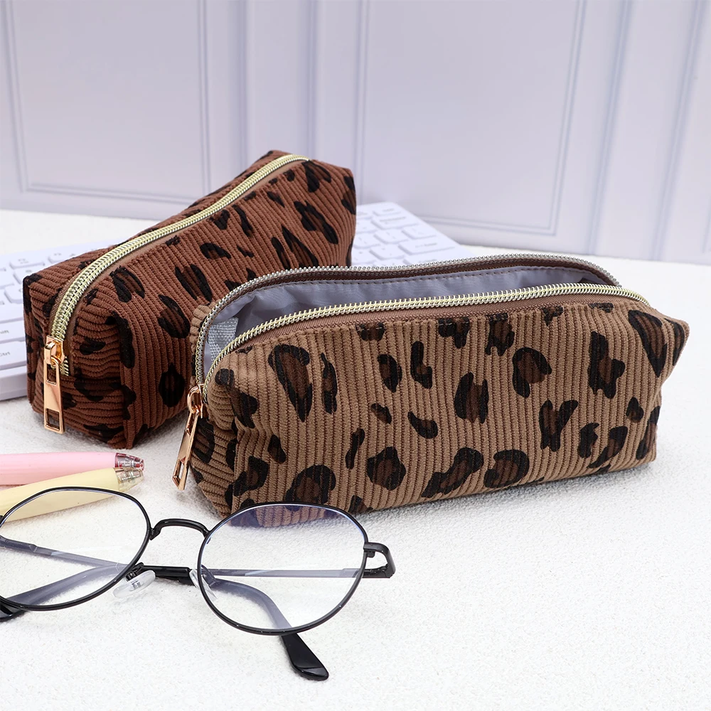 1pc Leopard Print Corduroy Pencil Case Nylon Zipper Stationery Organizer Makeup Travel Bag Back To School Gift For Teen Girls