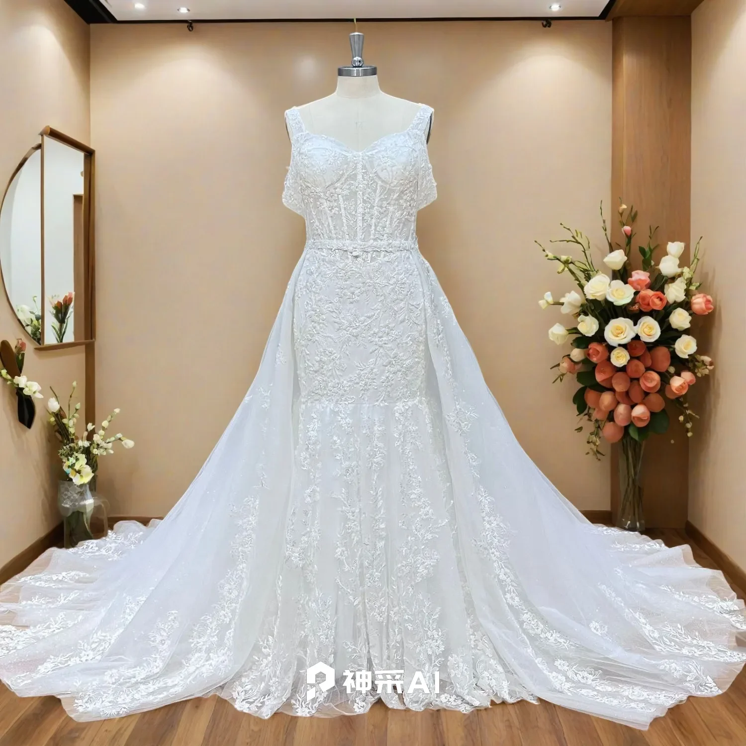 

Hire Lnyer All Appliques Lace With Full Beads Shiny 2 Pieces Mermaid Wedding Dress With Detachable Train 100% Real Photos Video