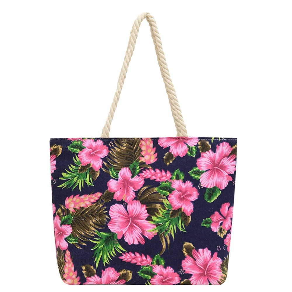 

Large Capacity Flower Printing Handbag Beach Bag Flower Cotton Linen Tote Bag Zipper Shoulder Bag Ethnic Style Handbag