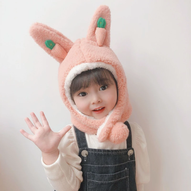 Children's Hat Imitation Rabbit Velvet Bear Solid Color Cute Baby Scarf Fleece Warm All-match Boys Girls Plush Hat Scarf Girls