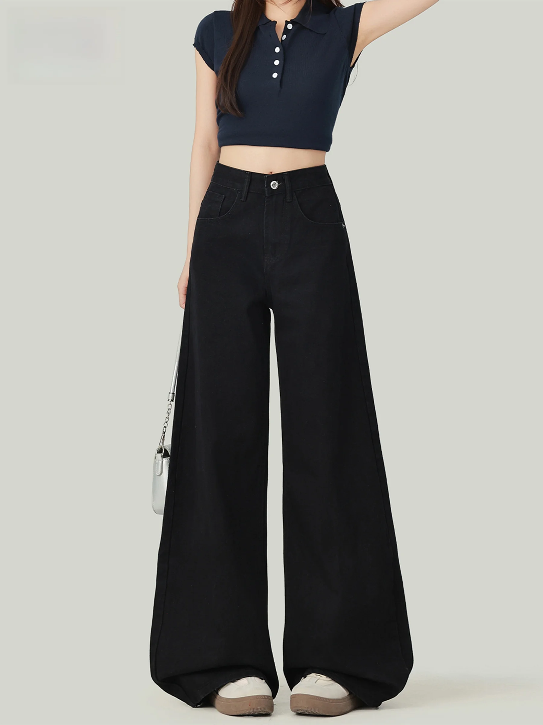 

Черные широкие джинсы с драпировкой, женские повседневные свободные брюки прямого кроя, осенне-зимняя новинка, стройнящий дизайн