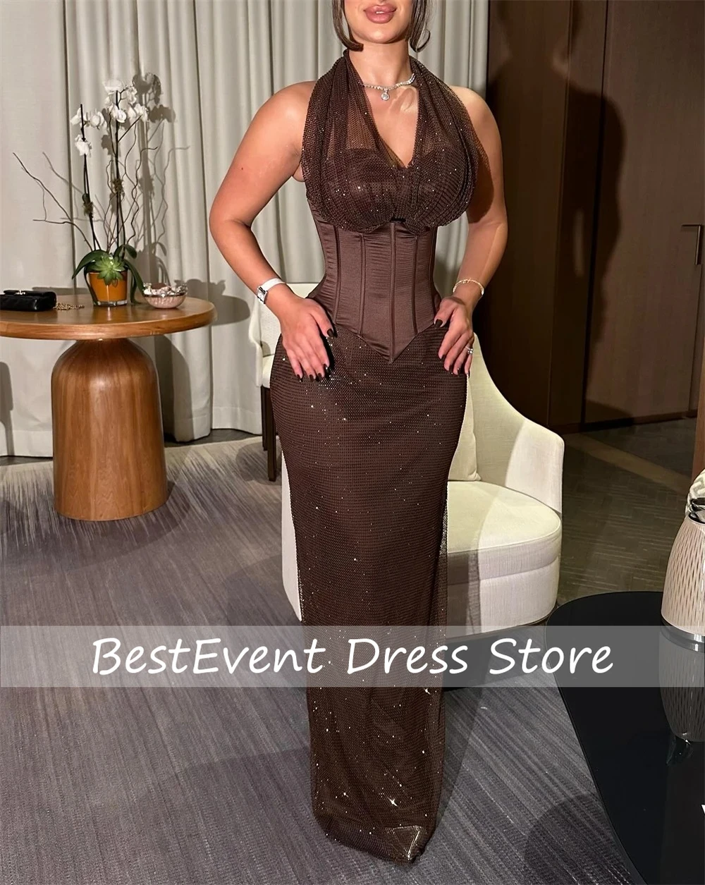 

Custom Shiny Evening dress sexy Halter prom dress formal gown party dress glitter V neck corset waist sequins maxi length sheath