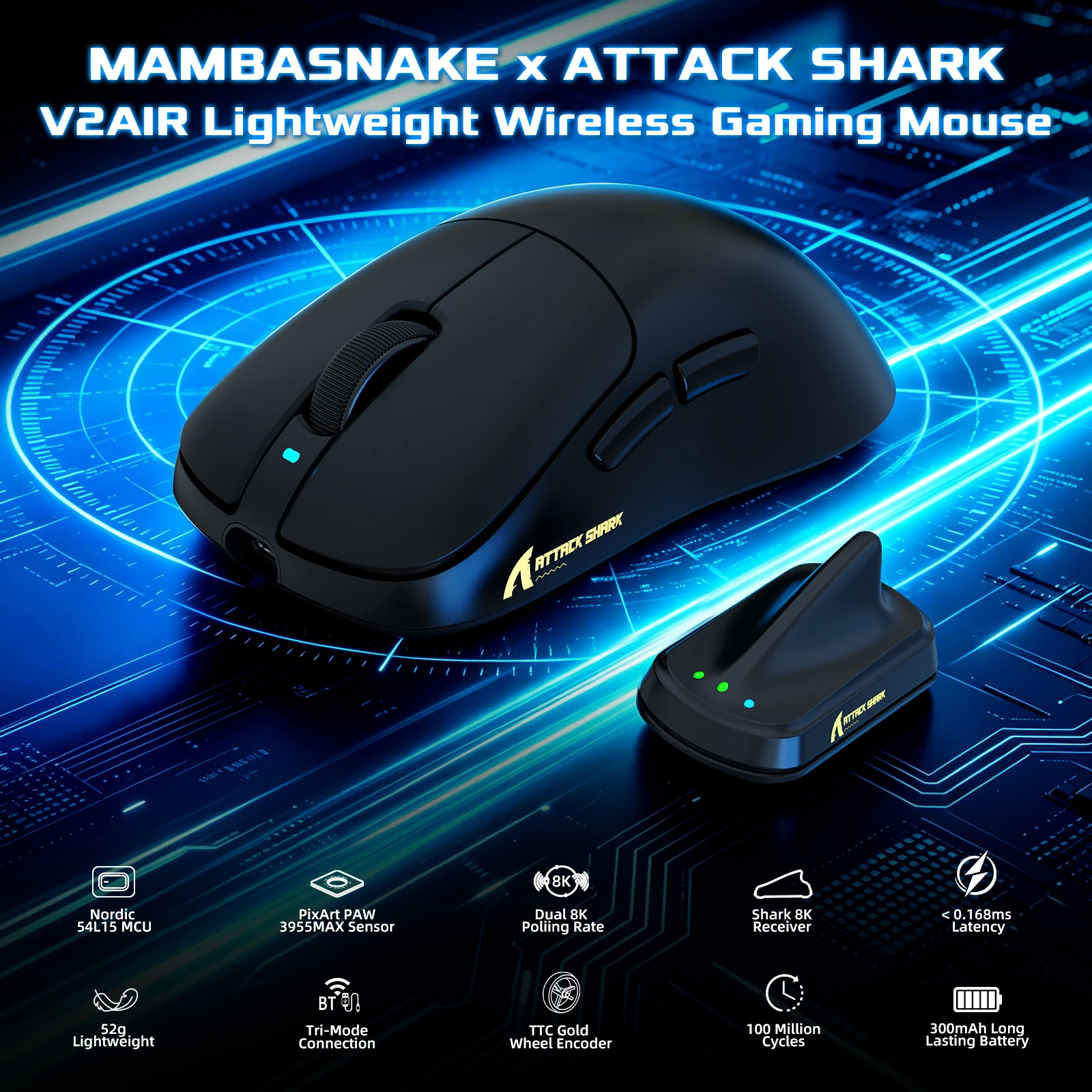 ATTACK SHARK V2 AIR Dual 8000Hz Wireless Gaming Mouse, PAW3955MAX Sensor,52g Lightweight,Nordic 54L15 MCU,Up to 60000 DPI