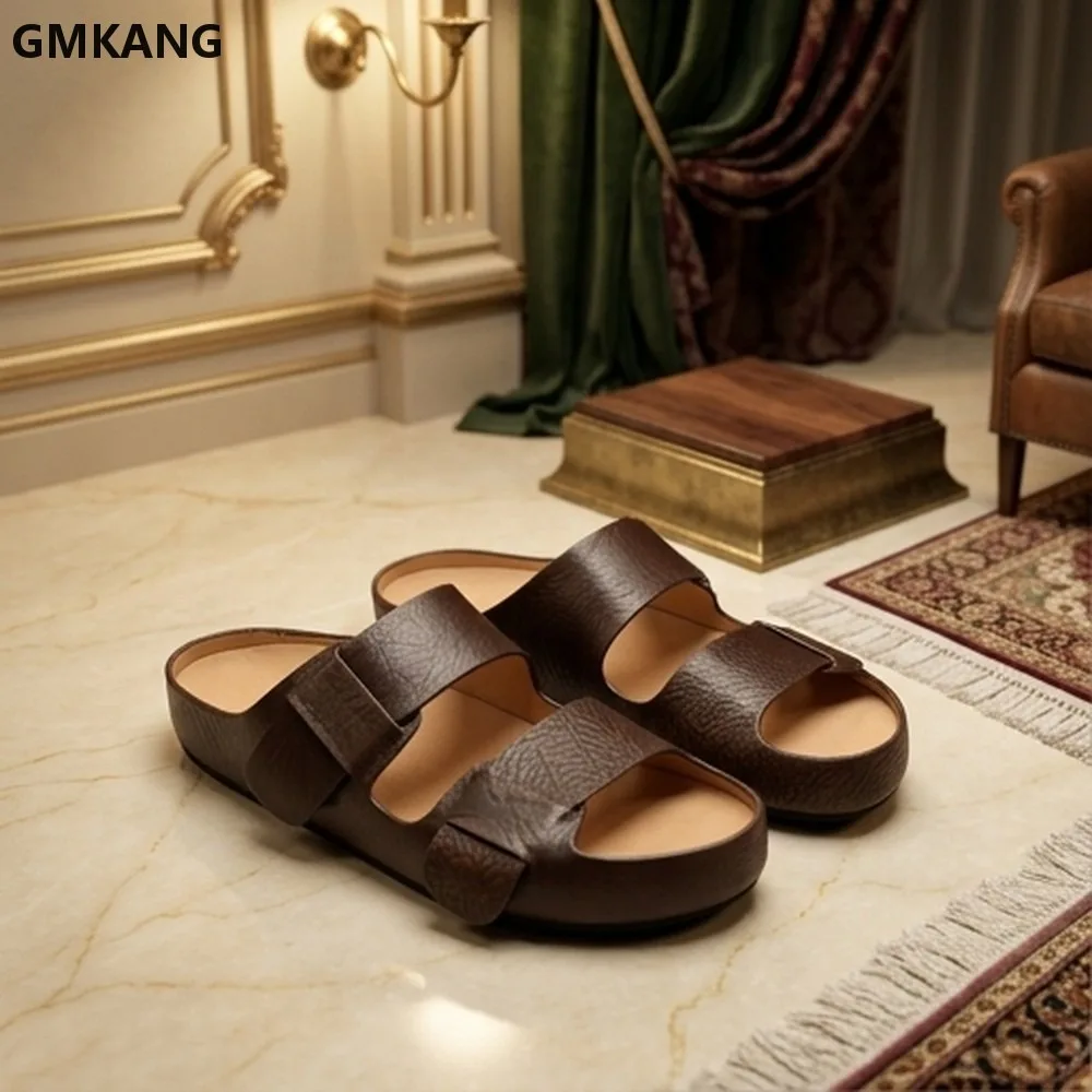 Women Leather Sandals Textured Leather Double-buckle Classic Comfort Slides Flat Heel Open Toe Casual Summer Walking