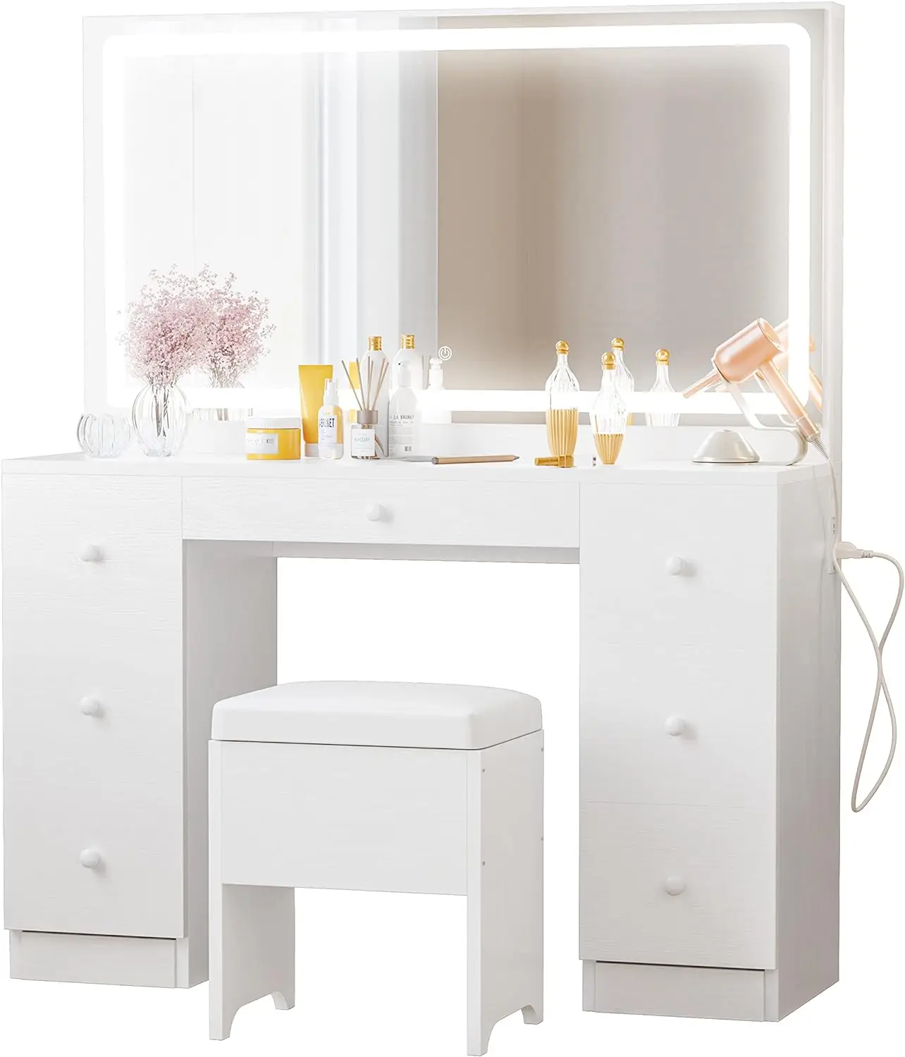 

Vanity Desk Set with LED Lighted Mirror & Power Outlet, 7 Drawers Makeup Vanities Dressing Table with Stool, for Bedroom