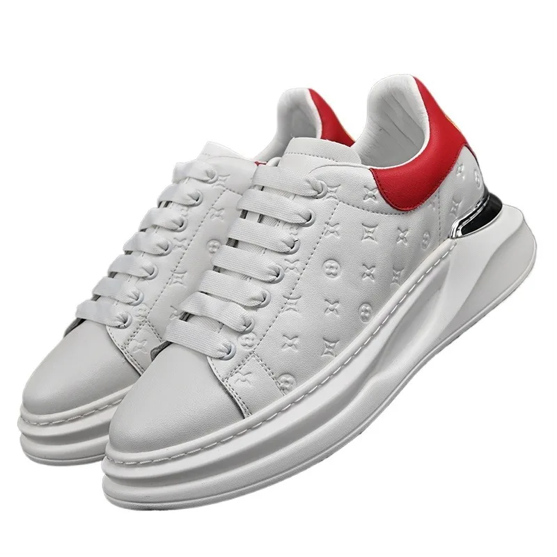 

Men Embossed Leather Platform Sneakers, Red Contrast Heel Lace Up White Skate Shoes, Non Slip Thick Sole Daily Casual Footwear