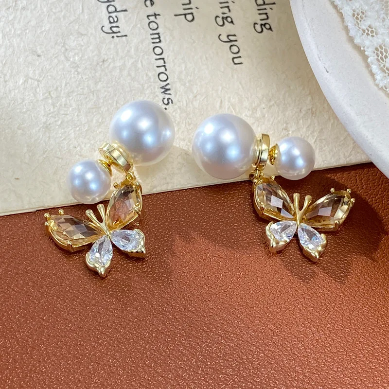 Niche unique design sense, two pearl butterfly earrings before after, feminine temperament, light luxury and versatile earrings